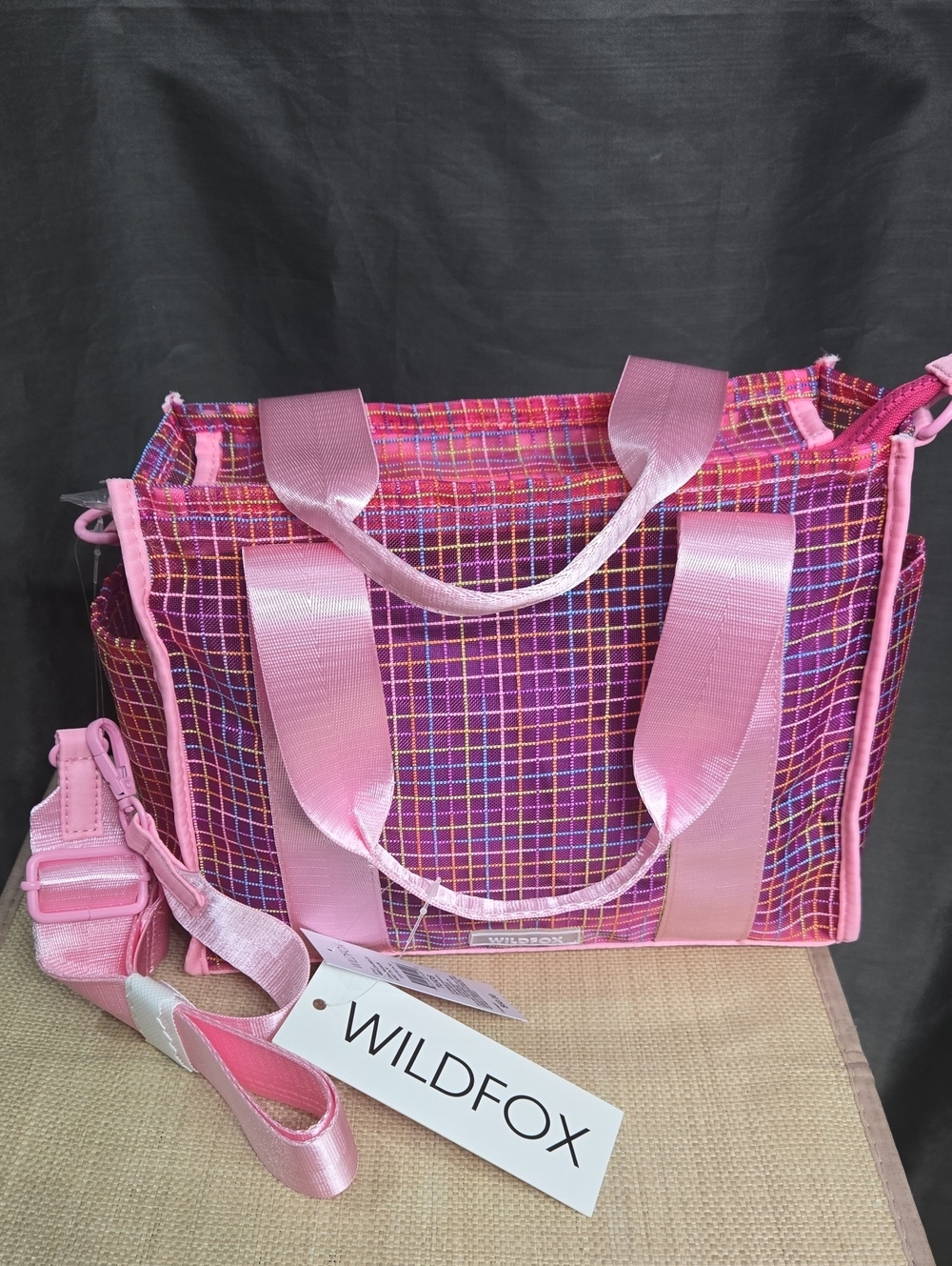 Wildfox Pink & Fuchsia Checkered Tote with Shiny Ribbon Straps
